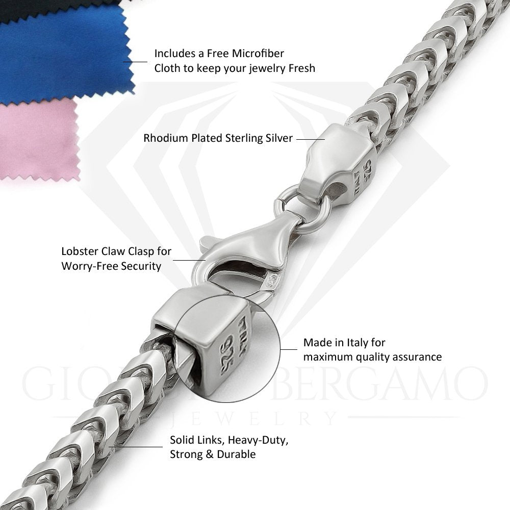 Men's 925 Sterling Silver Franco Diamond Cut Chain Necklace – Made In Italy, Multiple Lengths