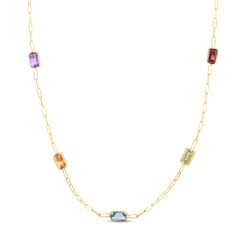 14K Yellow Gold Multi-Color Genuine Gemstone Station Paper Clip Necklace