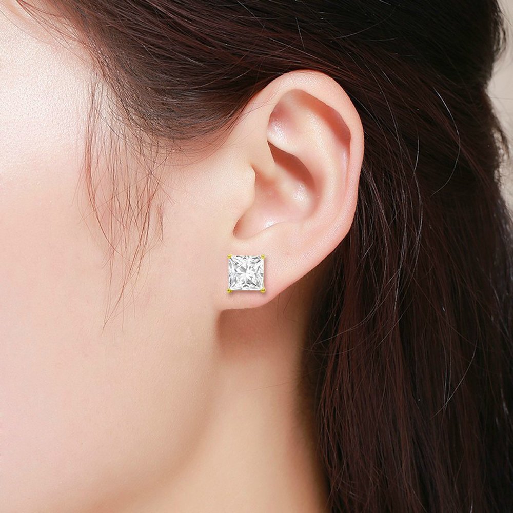 8MM Real 14K Gold Square CZ Stud Earrngs, Gold Prncess Cut CZ Cubc 8MM Real 14K Gold Square CZ Stud Earrngs, Gold Prncess Cut CZ Cubc