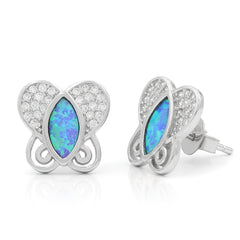 925 Sterling Silver Micro Pave Blue Fire Opal Butterfly Stud Earrings