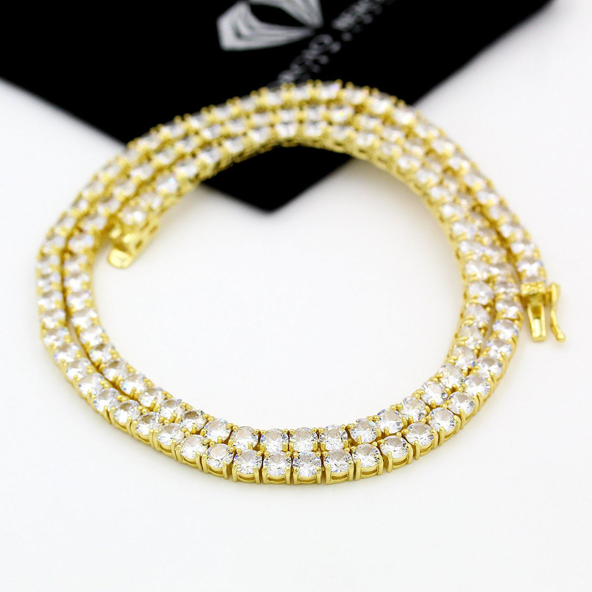 925 Sterling Silver 4mm Round Cut Tennis Necklace, Yellow Gold Plated