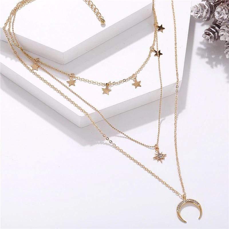 Gold Plated Trendy Star & Moon Layered Charm Choker Necklace