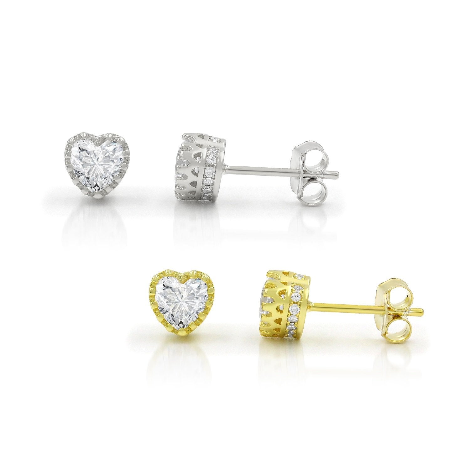 925 Sterling Silver Gold Plated Heart Crowned Stud Earring