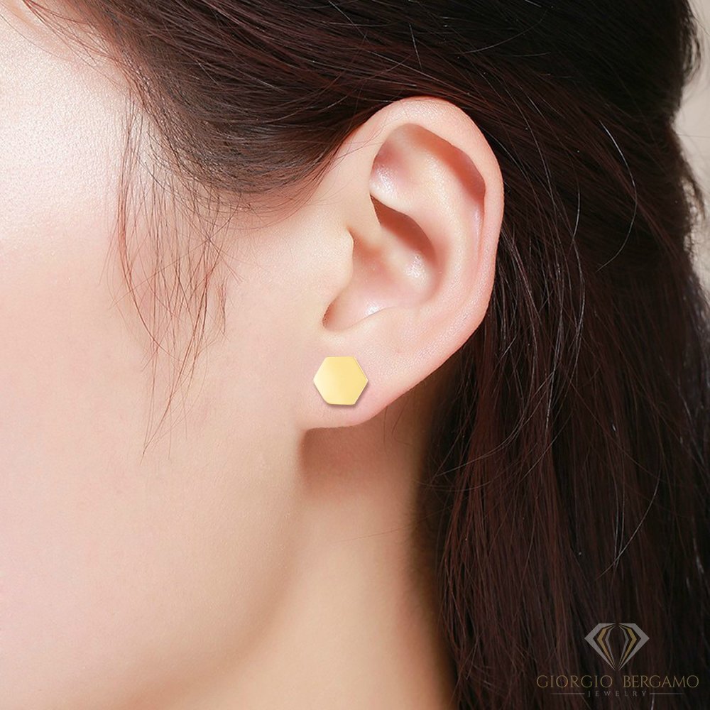 14K Yellow Gold Polished Hexagon, Geometric Stud Earring