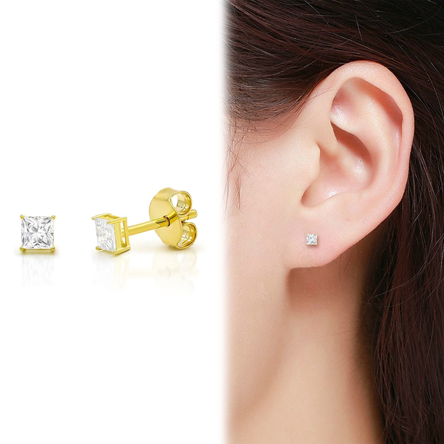 925 Sterling Silver 3mm - 9mm Princess Cut Gold Plated Cubic Zirconia Stud Earrings