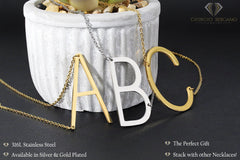 Stainless Steel Large Sideways A - Z Initial Letter Pendant Necklace