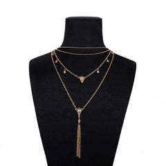 Gold Plated Trendy Pear Drop Cubic Zirconia Tassel Layered Choker Necklace