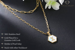 Stainless Steel Gold Plated Mother of Pearl Initial A - Z Layered Paper Clip Choker Necklace