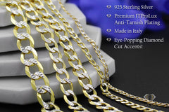 925 Sterling Silver Solid Cuban 6.5mm Diamond Cut Pave Gold Plated Curb Link Chain