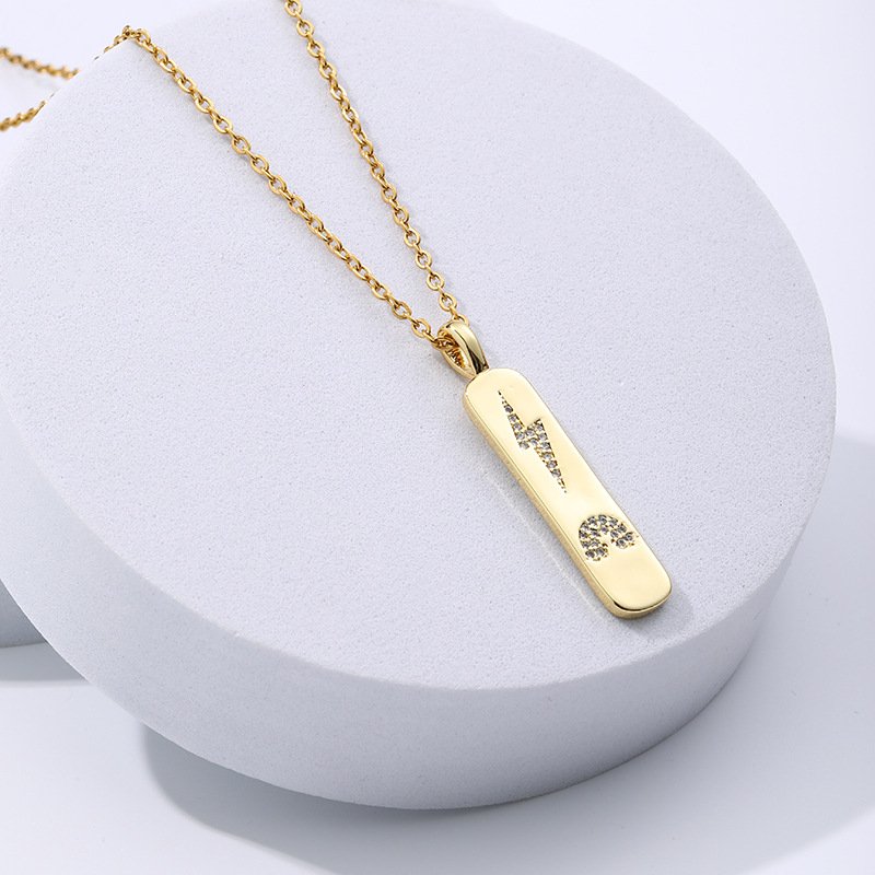 Stainless Steel Gold Plated Micro Pave Trendy Bar Pendant Necklace