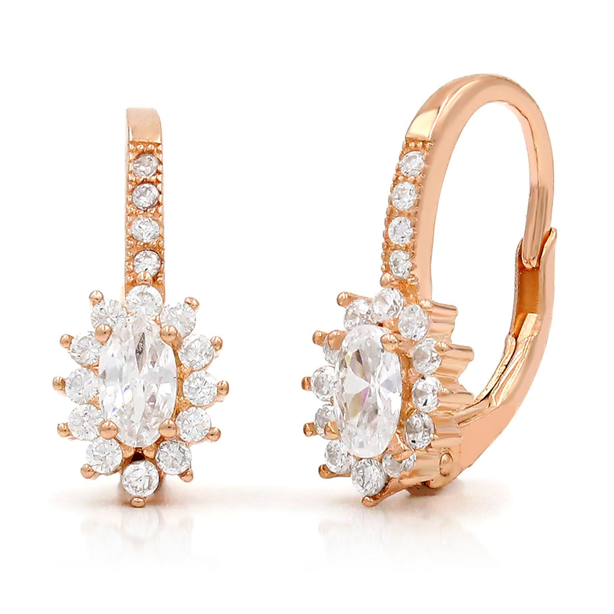 925 Sterling Silver Rose Gold Plated Oval Halo Leverback Drop Earrings