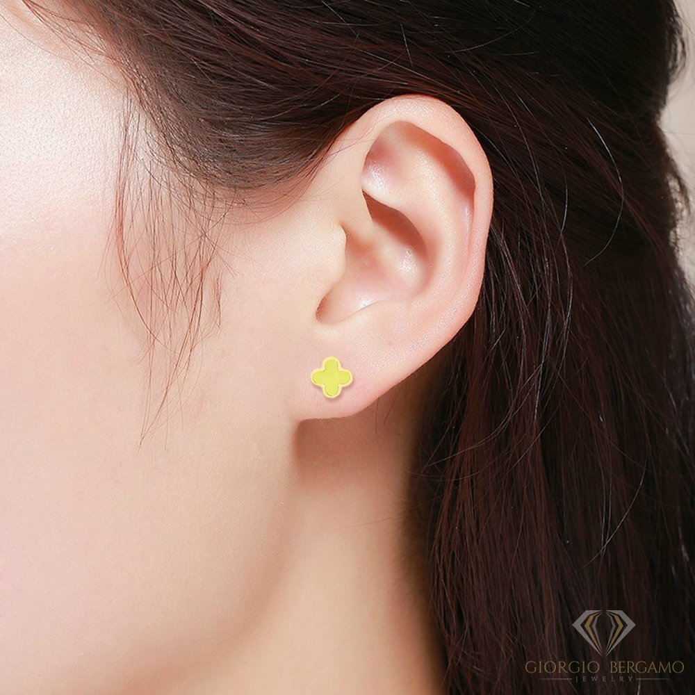 14K Yellow Gold Enamel Clover Stud Earrings