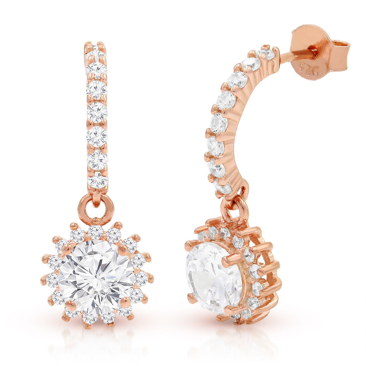 925 Sterling Silver Rose Gold Plated Micro Pave Burst Drop Earrings