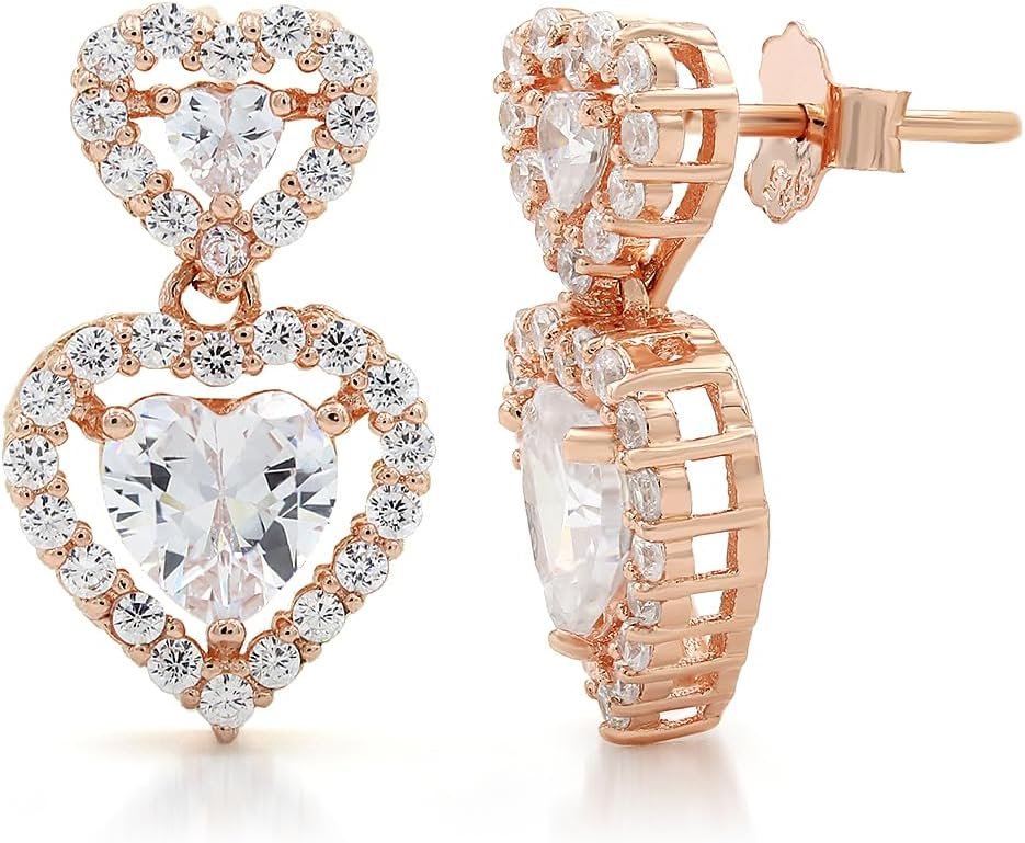 925 Sterling Silver Rose Gold Plated Double Heart Halo Drop Earrings