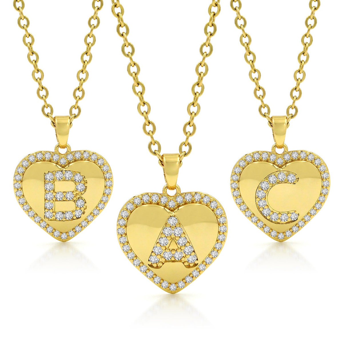 Stainless Steel Gold Plated Micro Pave Heart Initial A - Z Letter Pendant Necklace