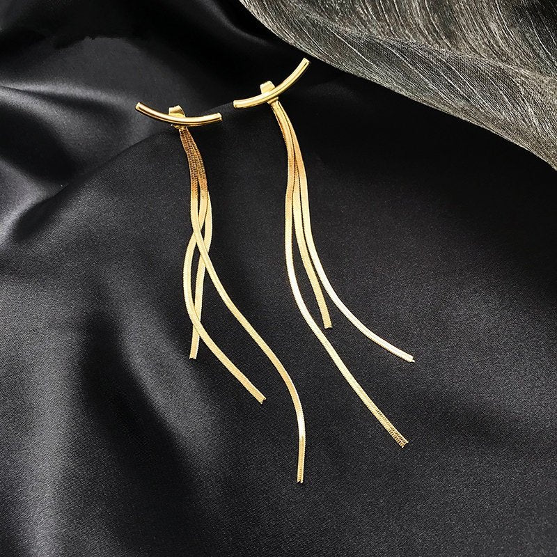 Gold Plated Long Tassel Herringbone Earrings