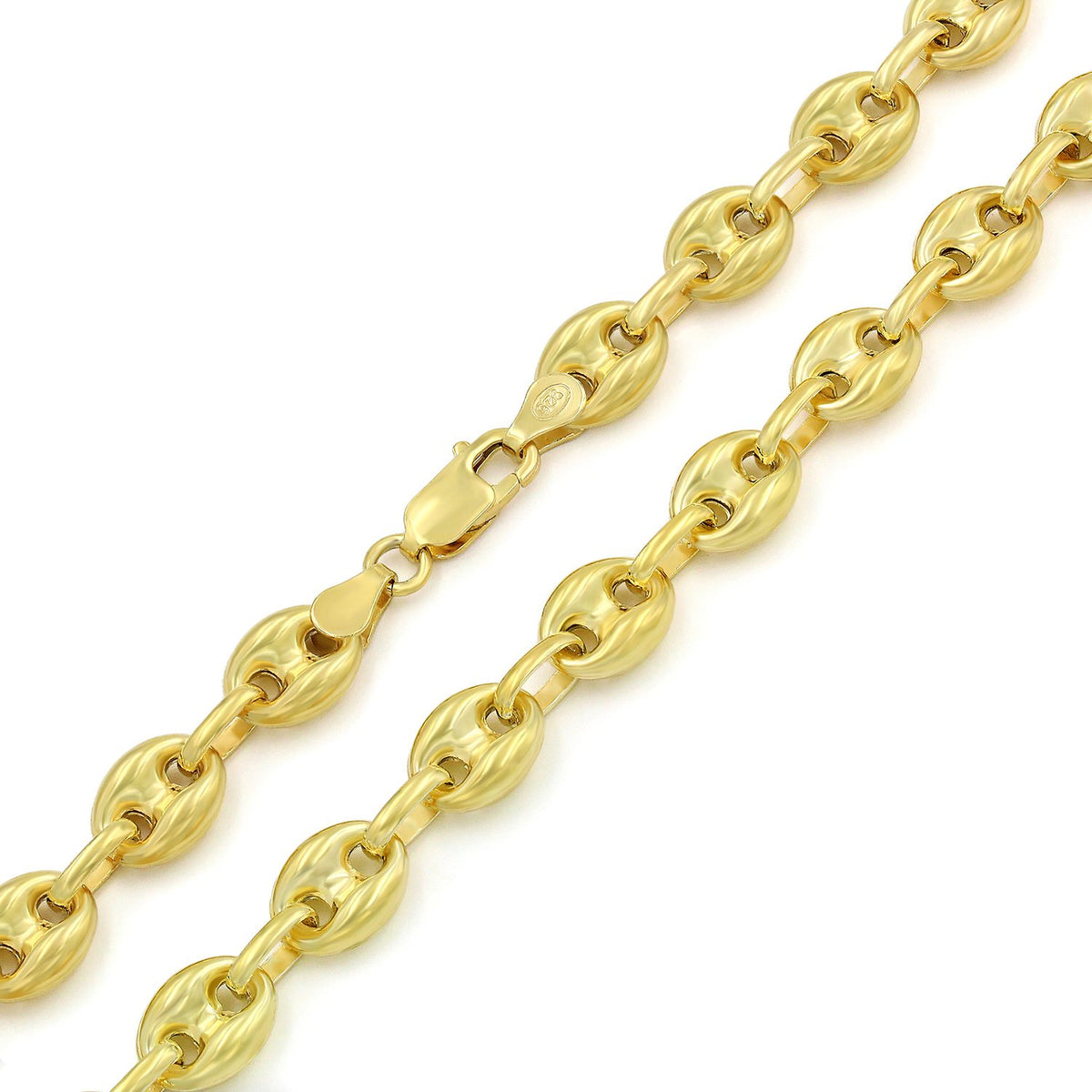 925 Sterling Silver 9mm Puff Mariner Hollow Yellow Gold Plated Chain