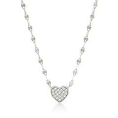 925 Sterling Silver Mirror Link Pave Heart Minimalist Necklace
