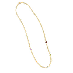 14K Yellow Gold Multi-Color Genuine Gemstone Cuban, Curb Link Necklace