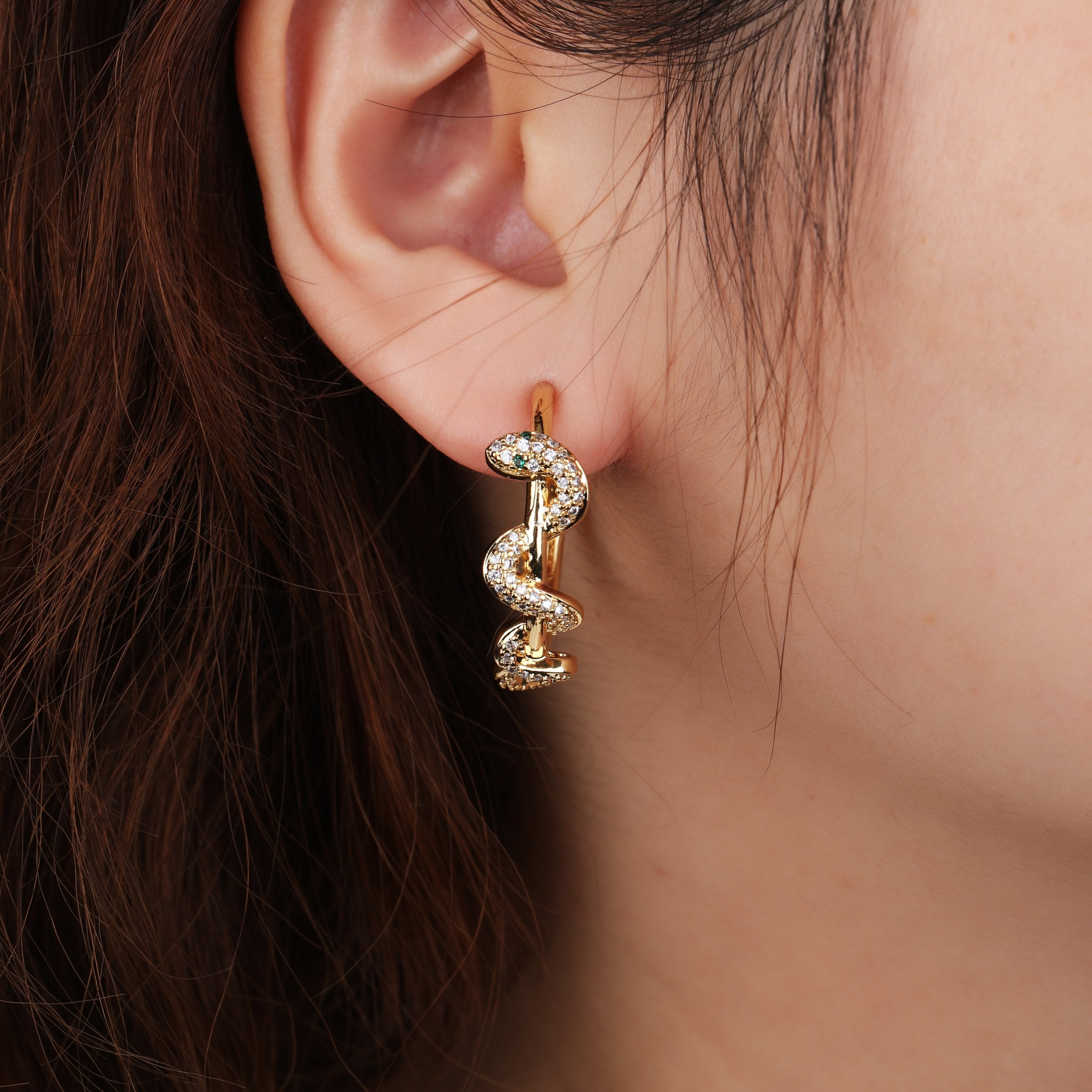 Gold Plated Trendy Snake, Serpent Micro Pave Hoop Earring