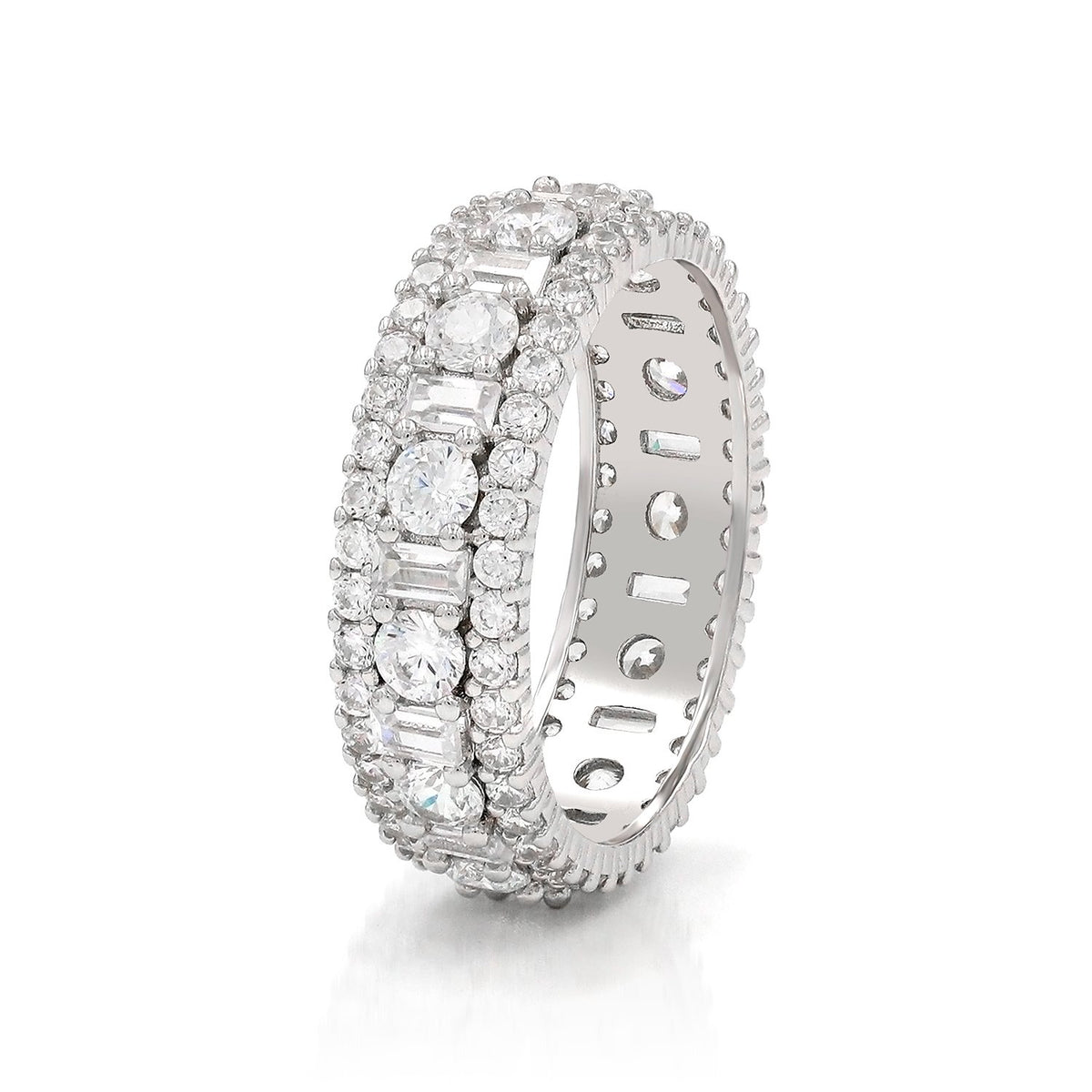 925 Sterling Silver Micro Pave Baguette & Round Eternity Band