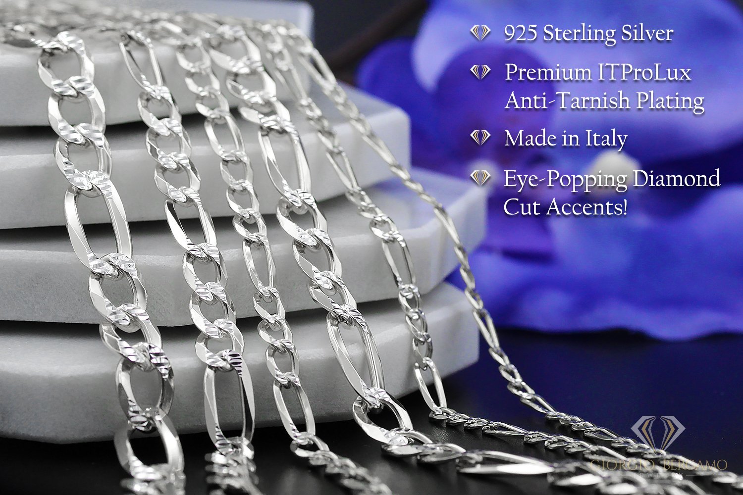 925 Sterling Silver Solid Figaro 6mm Diamond Cut Pave ITProLux Link Bracelet