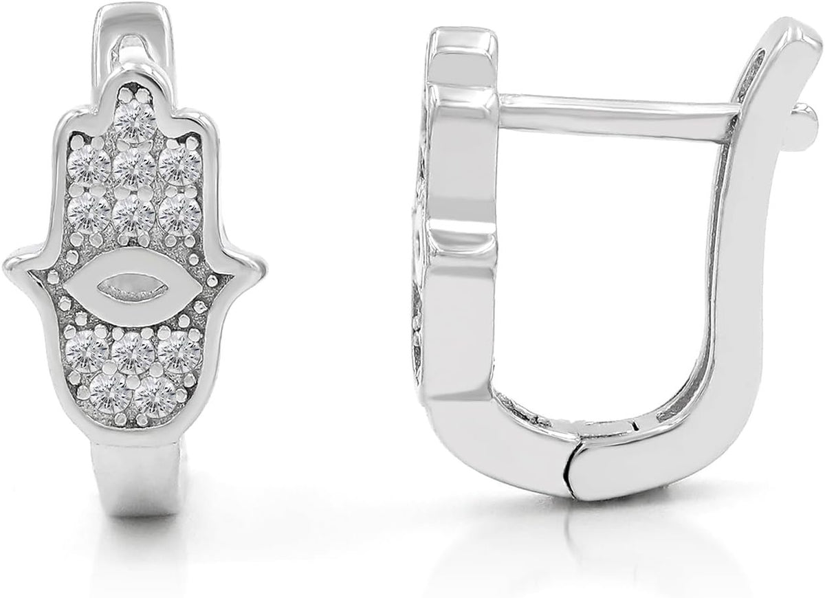 925 Sterling Silver Hamsa, Hand of God Micro Pave LeverBack Earrings