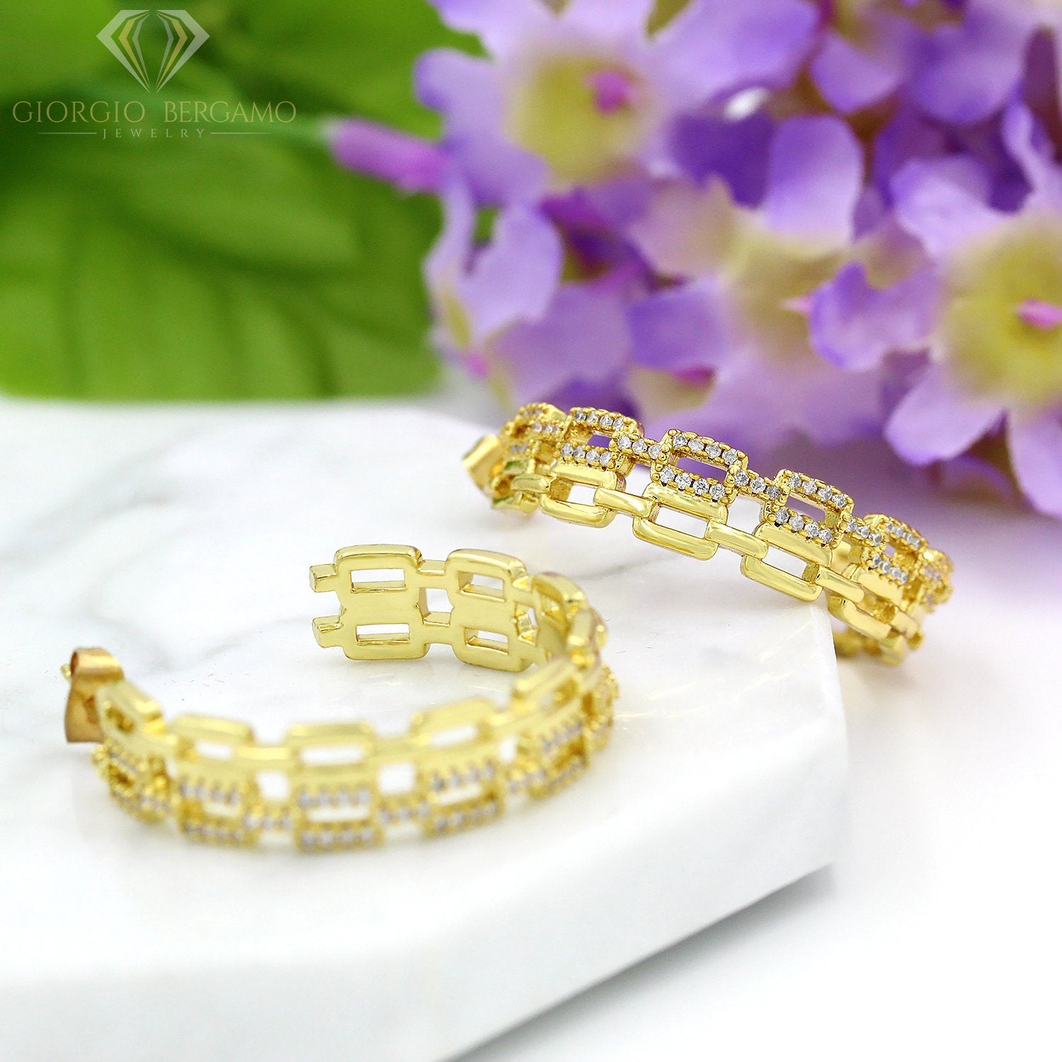 Gold Plated Micro Pave Double Row Paper Clip Hoop Earring