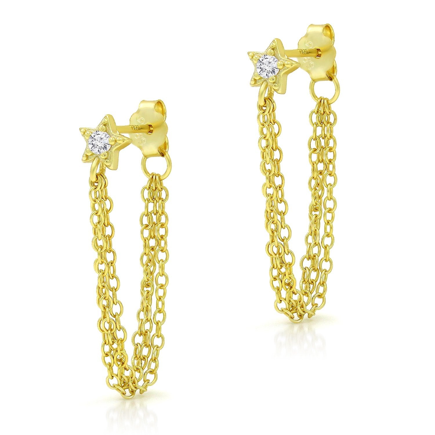 925 Sterling Silver Gold Plated Minimalist Star Chain Link Drop Earring