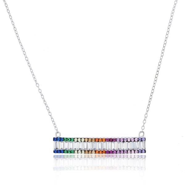925 Sterling Silver Micro Pave Rainbow Cubic Zirconia Baguette Bar Necklace