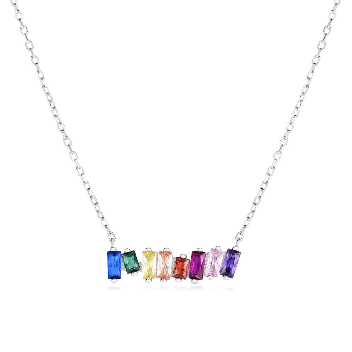 925 Sterling Silver Colorful Rainbow Minimalist Scattered Baguette Bar Necklace