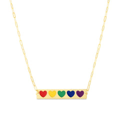 14K Yellow Gold Rainbow Enamel Hearts Bar Paper Clip Necklace