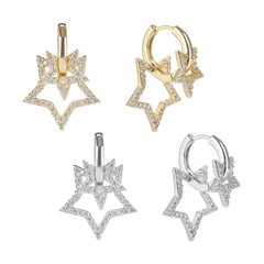 Gold Plated Micro Pave Star Hoop Dangle Drop Earrings