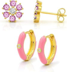 925 Sterling Silver Gold Plated CZ Flower Stud & Enamel Hoop Earring Set