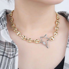 Gold Plated Trendy Two-Tone Mariner Link Chain With Micro Pave Star Charm Necklace
