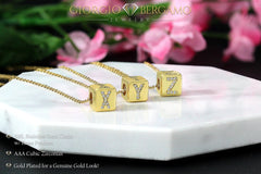 Yellow Gold Plated Initial Dice, Box A - Z Cubic Zirconia Letter Slider Pendant Necklace