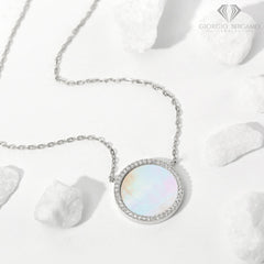 925 Sterling Silver Micro Pave Mother Of Pearl Disc Necklace