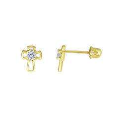 14K Yellow Gold Cubic Zirconia Open Cross Childrens Stud Earrings