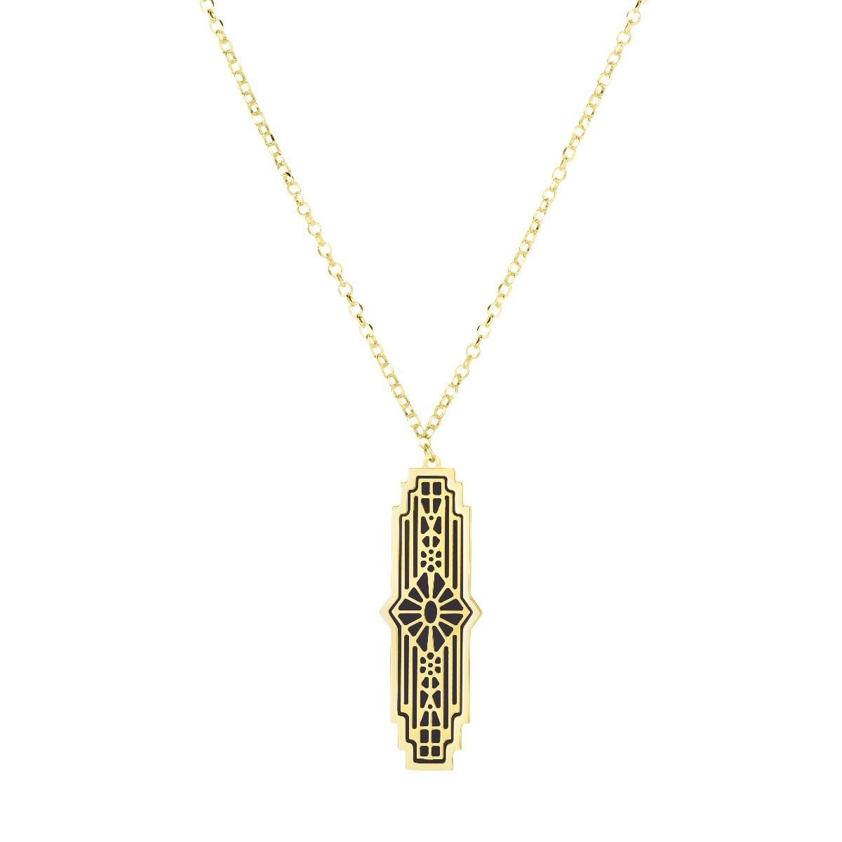 14K Yellow Gold Mother of Pearl, Black Onyx Art Deco Elongated Pendant Necklace,
