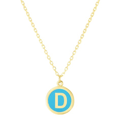 14K Yellow Gold Turquoise Enamel Initial Disc Pendant Necklace