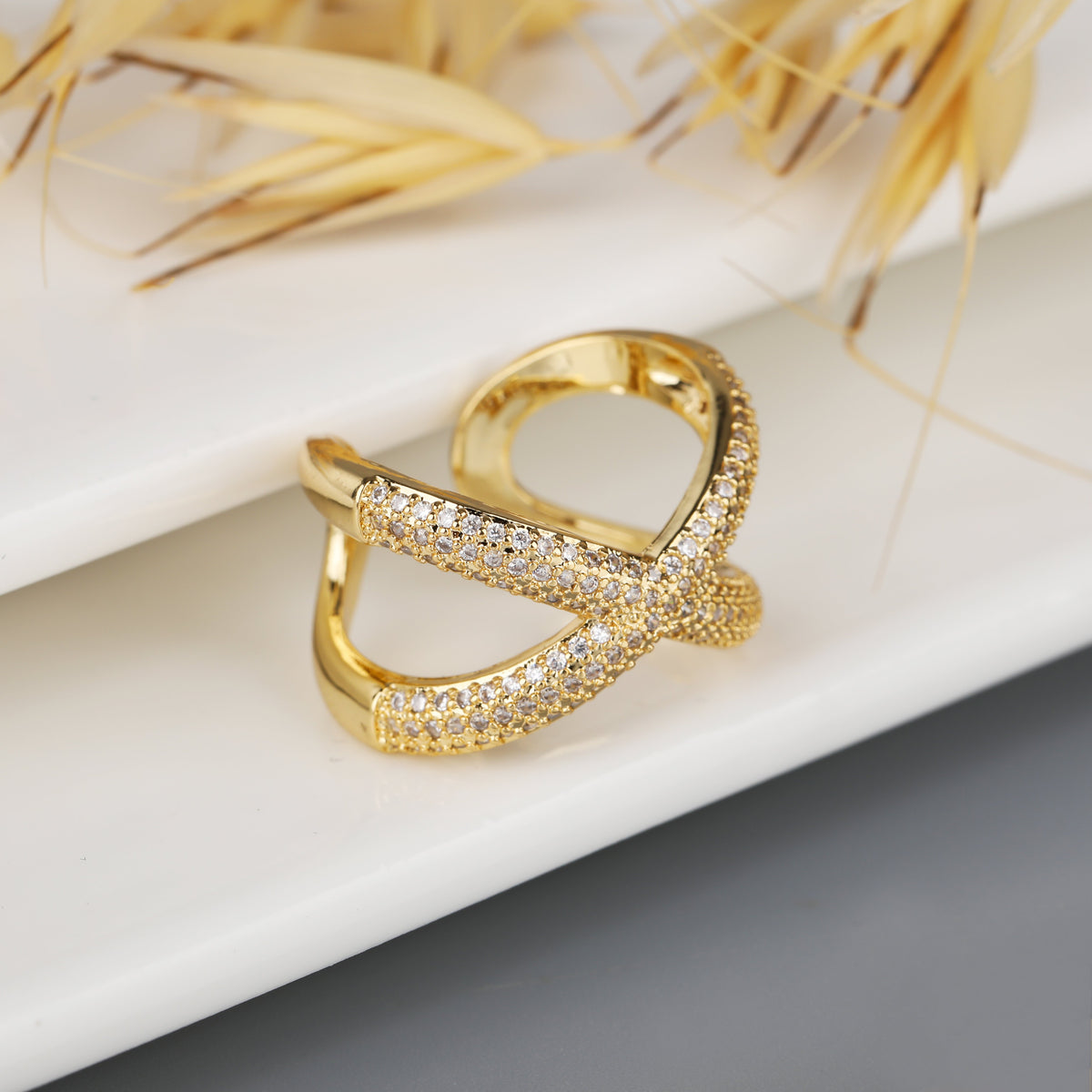 Gold Plated Micro Pave Trendy Criss-Cross, X Adjustable Ring