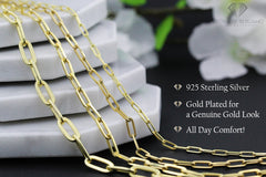 925 Sterling Silver 2.5mm Paper Clip Yellow Gold Plated Chain