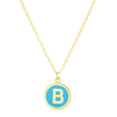 14K Yellow Gold Turquoise Enamel Initial Disc Pendant Necklace