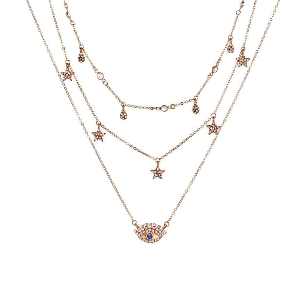 Gold Plated Trendy Eye & Star Charm Layered Necklace