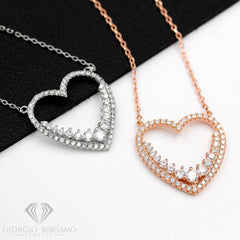 .925 Sterling Silver Open Heart Pendant Necklace, Micro Pave Cubic Zirconia, Giorgio Bergamo