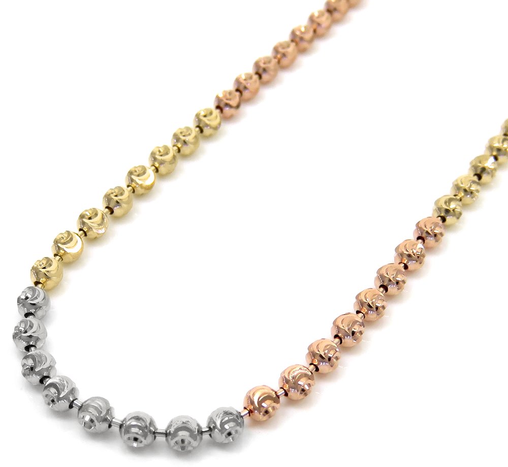 14K Tri-Color Gold 2mm Ball Bead Moon Cut Chain