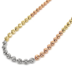 14K Tri-Color Gold 2mm Ball Bead Moon Cut Chain