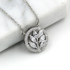 925 Sterling Silver Micro Pave Minimalist Leaf Disc Necklace