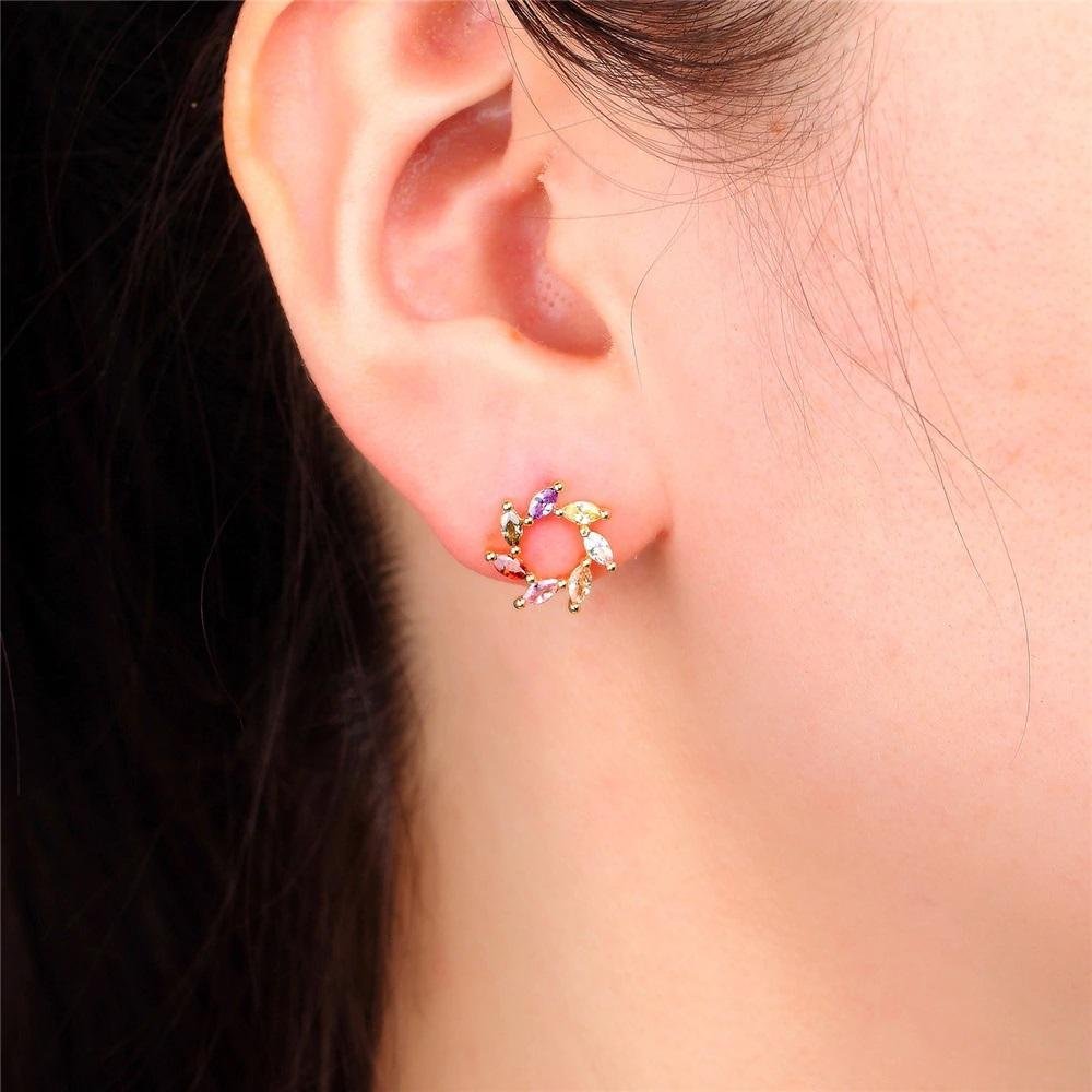 Rose Gold Plated Rainbow Studded Cubic Zirconia Swirl Stud Earrings