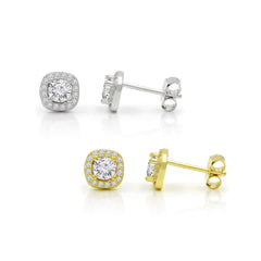 925 Sterling Silver Gold Plated Micro Pave Cushion Halo Stud Earring